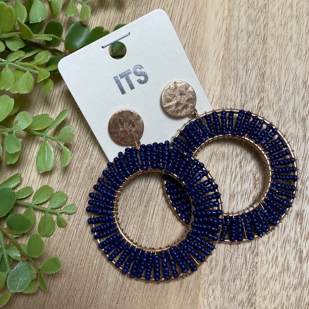 ITS Circular Beaded Earrings On Posts 💗 Gold & Navy